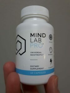 A single bottle of Mind Lab Pro nootropic supplement.
