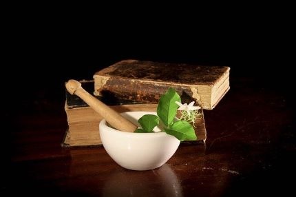 Mortar and pestle with herbs.