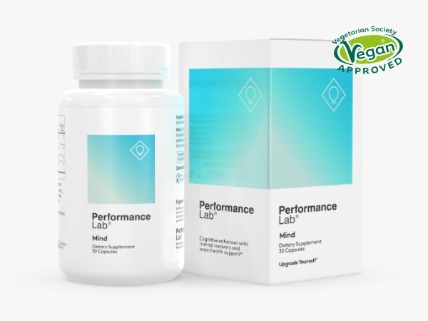 Performance Lab Mind Review - Bottle of Vegan Approved Performance Lab Mind Nootropic Supplement